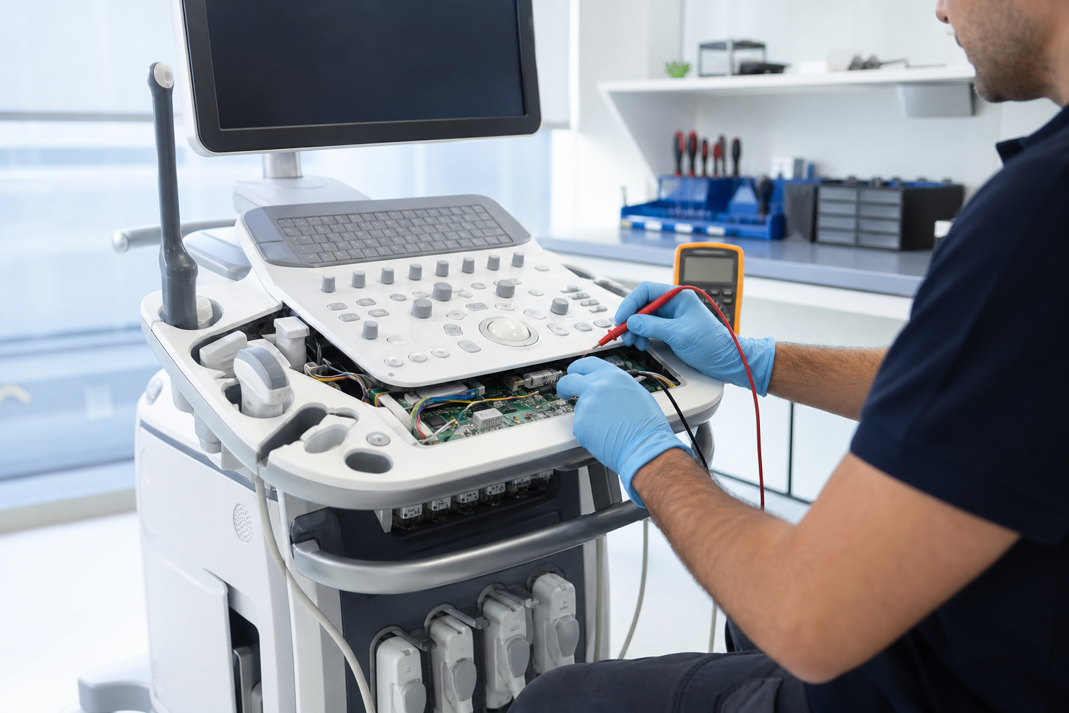 T&eacute;cnico realizando manuten&ccedil;&atilde;o corretiva em equipamento de ultrassom