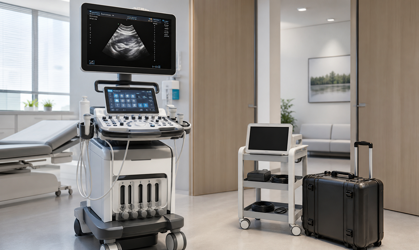 Equipamento de ultrassom preparado para locação em ambiente clínico