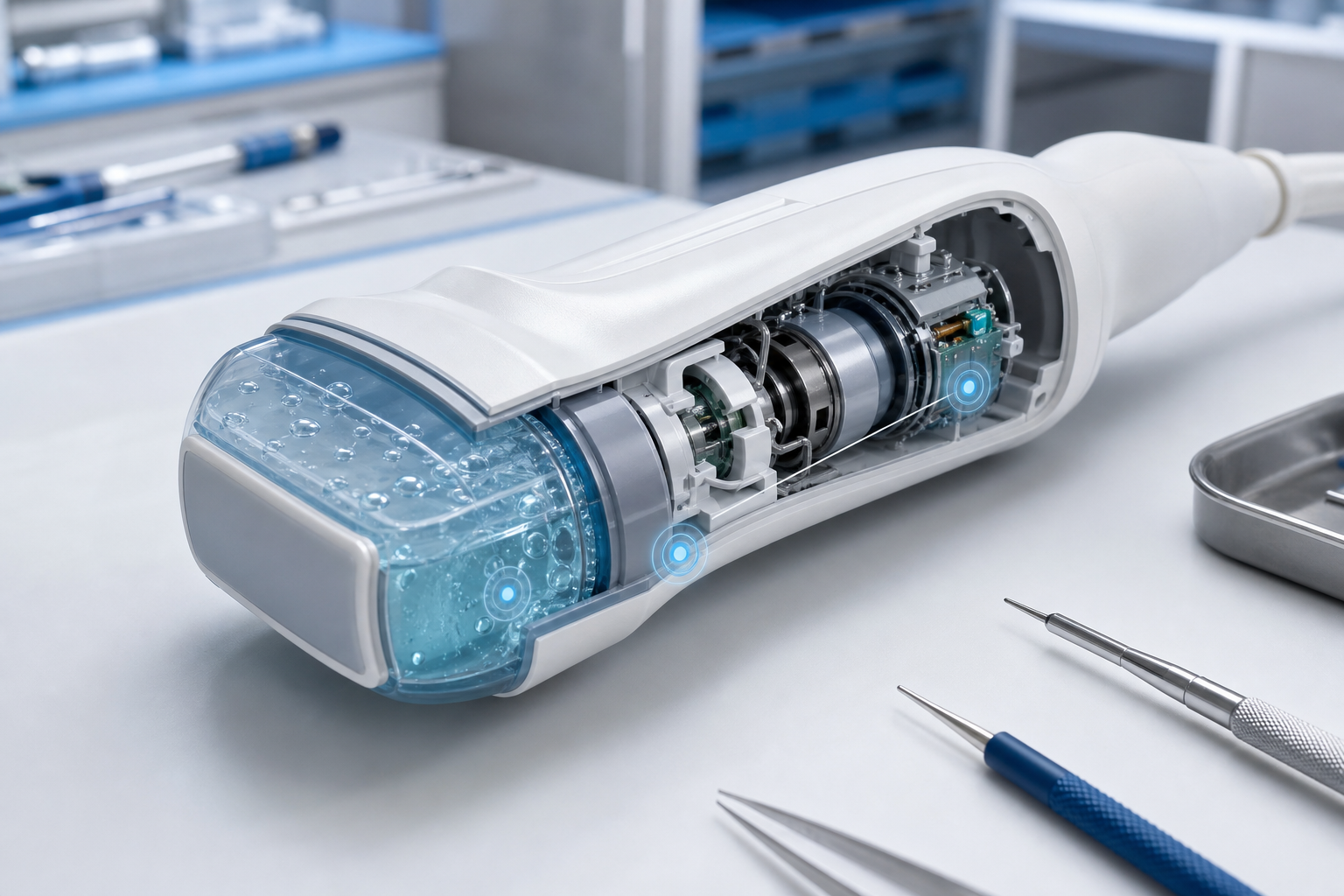 Reparo de transdutor volumétrico 3D e 4D com fluido de acoplamento e sensores internos